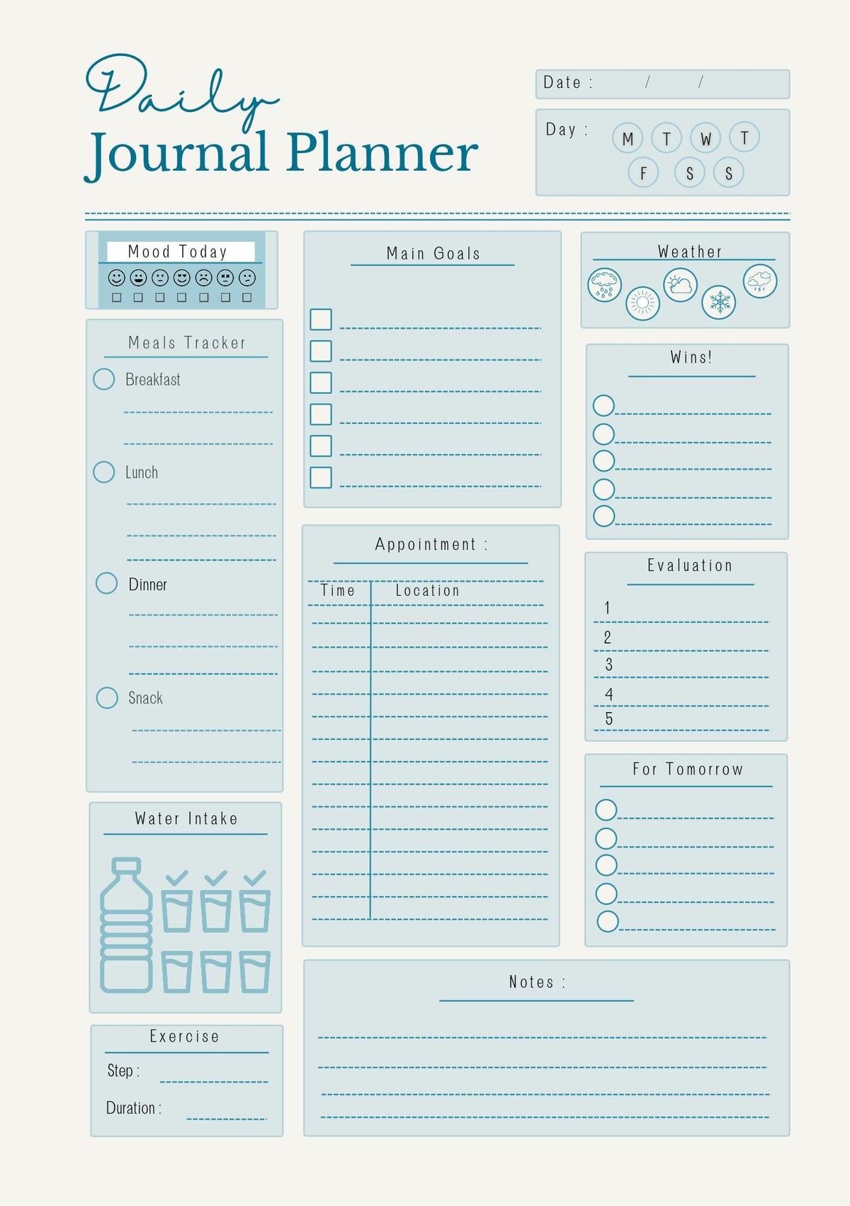 Daily Journal and Planner A5 Blue Template