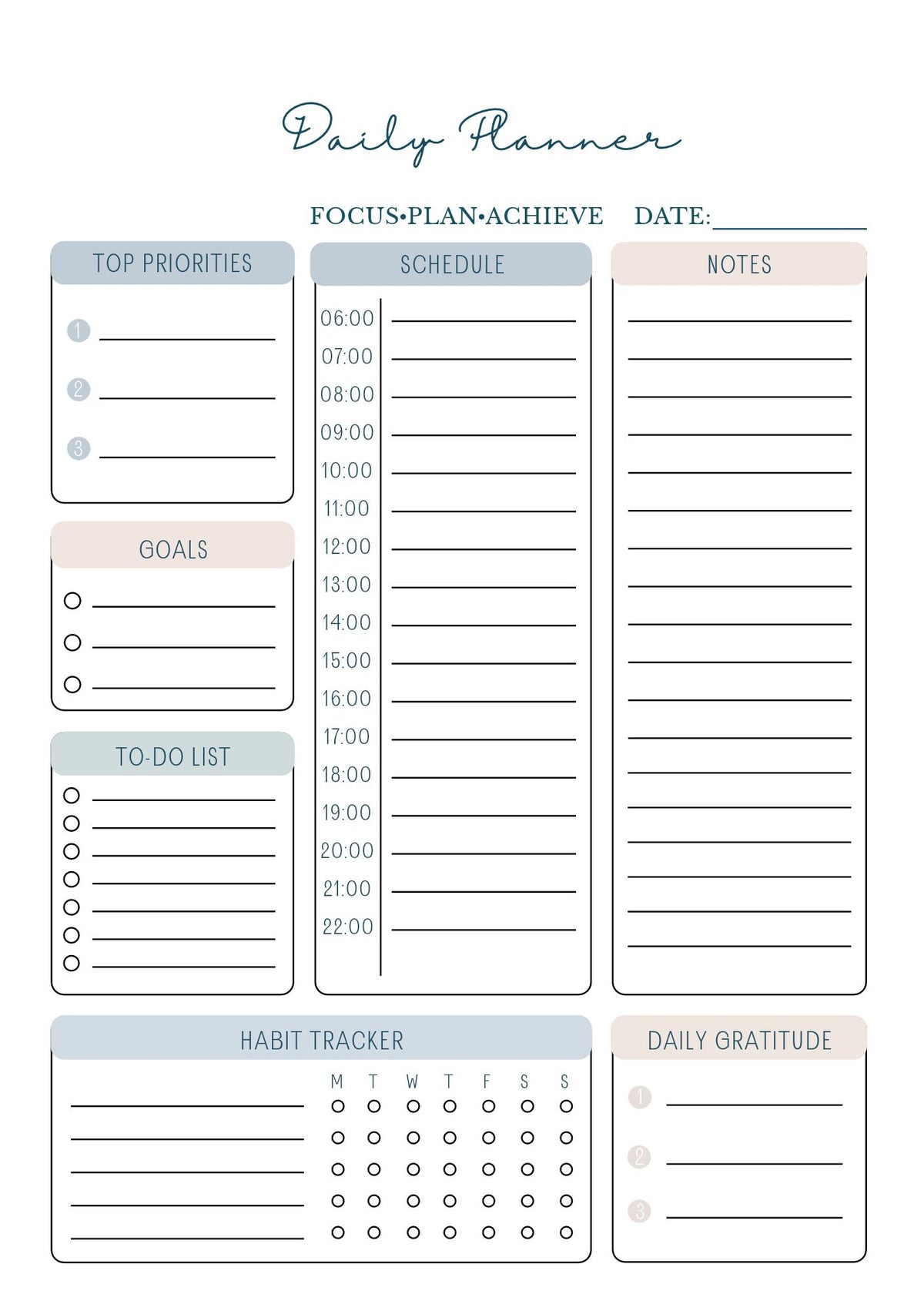 Daily Planner A5 Digital Product: Focus Plan Achieve