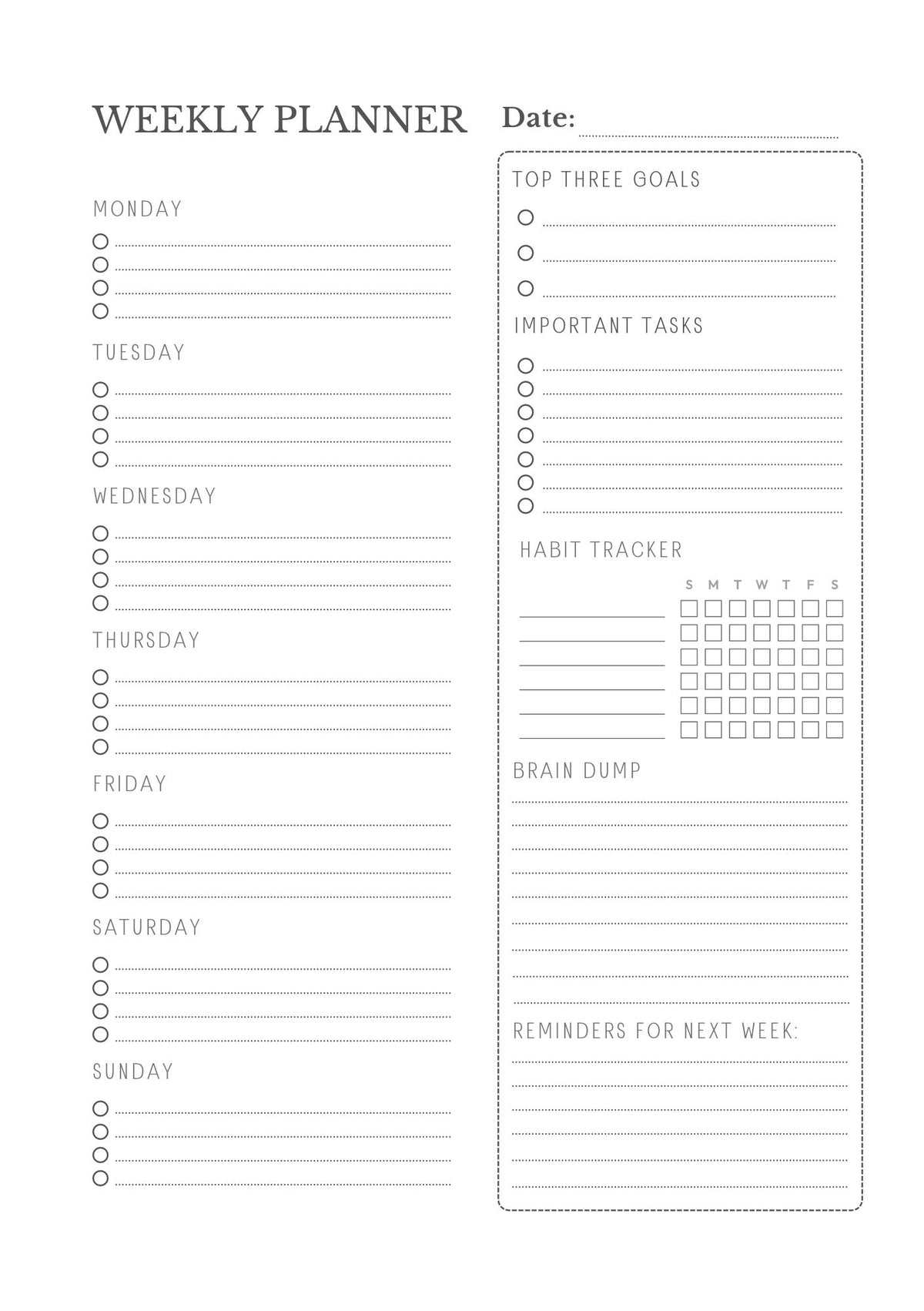 Weekly Planner A5 Digital Download with Notes Page